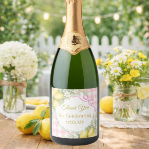 Lemons pink gingham Thank You Bridal Shower Sparkling Wine Label