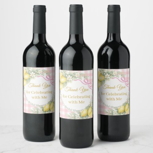 Lemons pink gingham Thank You Bridal Shower Wine Label