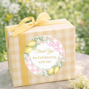 Lemons pink girl gingham Thank You Baby Shower Classic Round Sticker