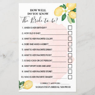 Lemons Pink How well do you know Bride Shower Game Flyer