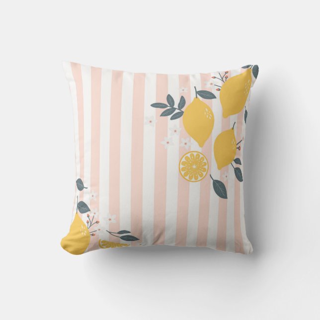 Lemons Pink Stripes Throw Pillow (Front)