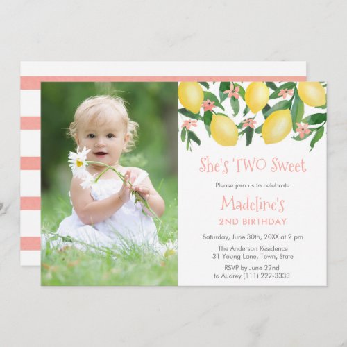 Lemons Pink TWO Sweet Girl Birthday Party Picture  Invitation