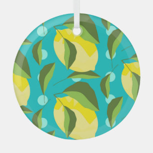 Lemons Polka Dot: Blue Background. Glass Ornament