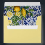 Lemons Portuguese Tiles 5x7 Wedding Invitation Envelope<br><div class="desc">Hand painted traditional tiles from Portugal design with Mediterranean lemons. Azulejo blue and white floral leaf tile artwork. A beautiful Mediterranean design depicting yellow lemons with their greenery and blossoms against a blue and white vintage Portuguese pattern. Unique Azulejo blue and white floral wedding envelope with return address. Matching wedding...</div>