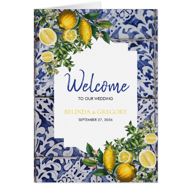Lemons Portuguese Tiles Wedding Order of Service Cards (Front)