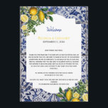 Lemons Portuguese Tiles Wedding Welcome Itinerary Program<br><div class="desc">Hand painted traditional tiles from Portugal design with Mediterranean lemons. Azulejo blue and white floral leaf tile artwork. A beautiful Mediterranean design depicting yellow lemons with their greenery and blossoms against a blue and white vintage Portuguese pattern. The wedding text is elegantly framed with a white geometric shape. Unique Azulejo...</div>