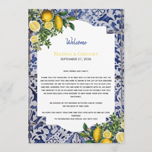 Lemons Portuguese Tiles Wedding Welcome Itinerary Program