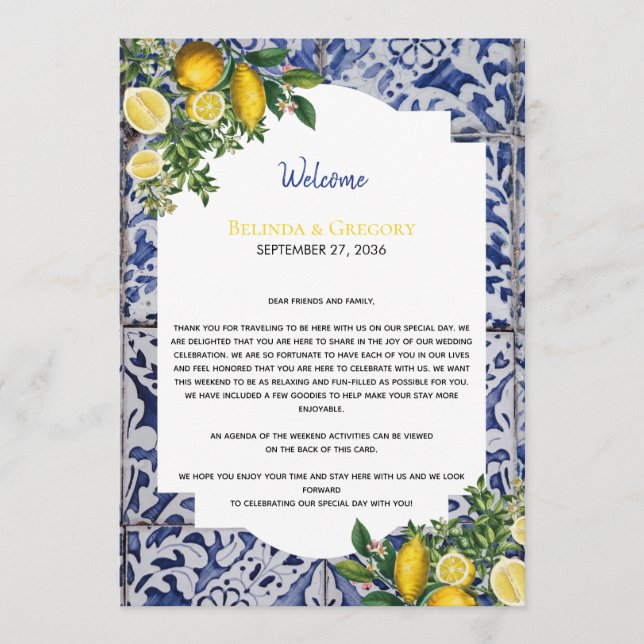 Lemons Portuguese Tiles Wedding Welcome Itinerary Program (Front)