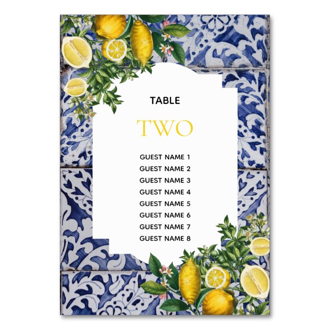 Lemons Portuguese Wedding Table Number Guest Names (Front)