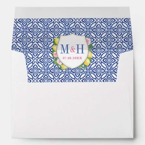 Lemons Positano Blue Tiles Crest Return Address Envelope