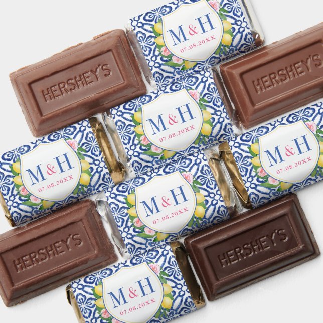 Lemons Positano Blue Tiles Wedding Monogram Hershe Hershey's Miniatures (Assorted)