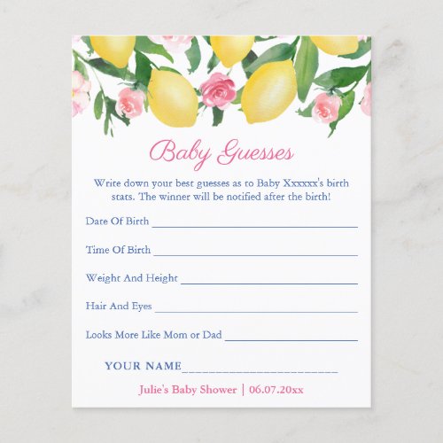 Lemons Positano Guess Babys Birth Stats Game Card