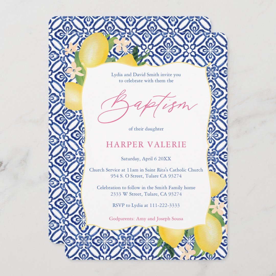 Lemons Positano Italian Tiles Girl Baptism Party Invitation | Zazzle