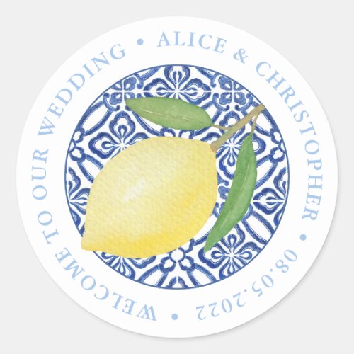 Lemons Positano Welcome To Our Wedding Out Of Town Classic Round Sticker - Watercolor lemon with leaves against a blue tile background. The lemon was originally handpainted by me into 100% cotton paper before being scanned into digital form. Shown here as a "Welcome To Our Wedding" sticker to place on packs for out of town guests but of course all of the text is customizable to your needs. PLEASE NOTE the text around the edge needs to be exactly the same length as the sample to curve correctly. Maybe add additional spaces if necessary?