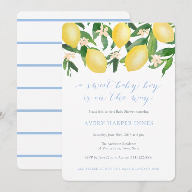 Lemons Powder Blue Sweet Boy Baby Shower Invitation (Front/Back)