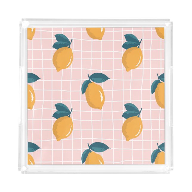 Lemons, retro geometry, summer seamless pattern. acrylic tray (Front)