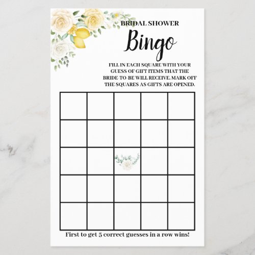 Lemons  Roses Bridal Shower Bingo Game Card Flyer