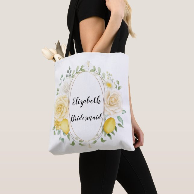 Lemons & Roses Personalized Bridesmaid Tote Bag (Close Up)