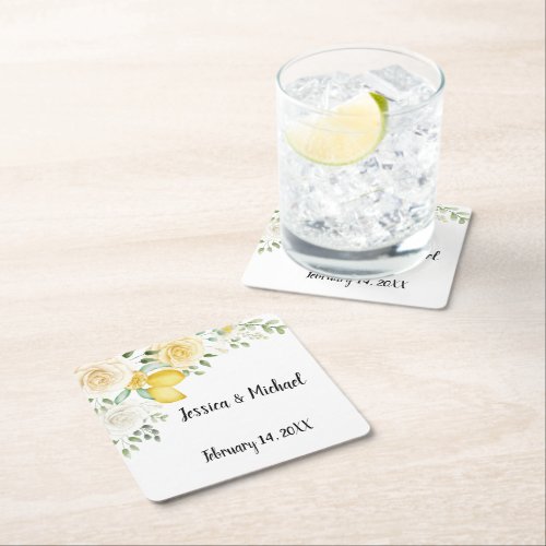 Lemons  Roses Wedding pub custom Square Paper Coaster
