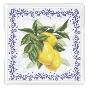 Lemons Royal Blue Toile Filigree Acrylic Tray