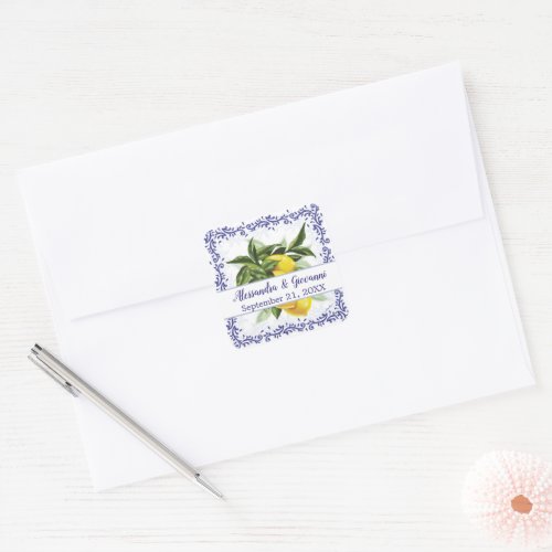 Lemons Royal Blue Toile Filigree Invitation Square Sticker