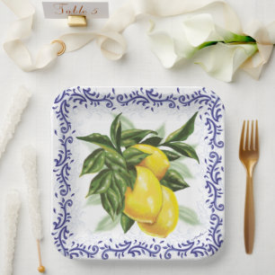 Lemons Royal Blue Toile Filigree  Paper Plates