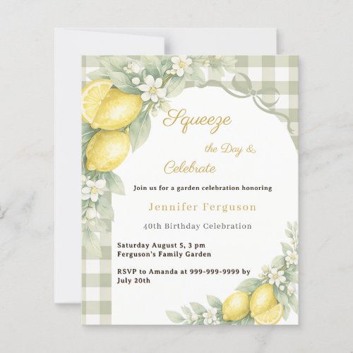 Lemons sage gingham garden birthday invitation