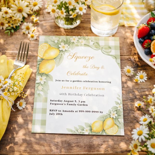 Lemons sage gingham garden birthday invitation (Creator Uploaded)