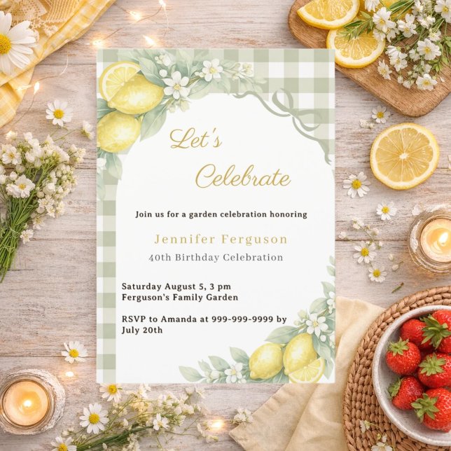 Lemons sage green gingham summer garden birthday invitation (Creator Uploaded)
