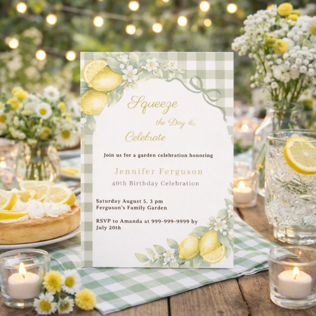 Lemons sage green gingham summer garden birthday invitation (Creator Uploaded)