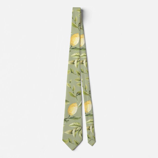 Lemons | Sage Green | Watercolor botanical pattern Neck Tie (Front)