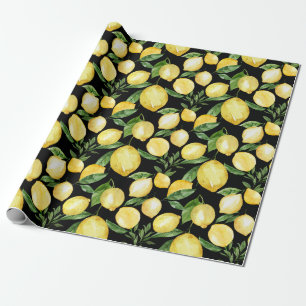 Lemons seamless pattern on black background wrapping paper