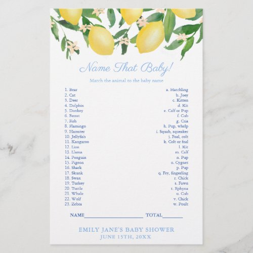 Lemons Shower Name That Baby Animal Game Card Flyer