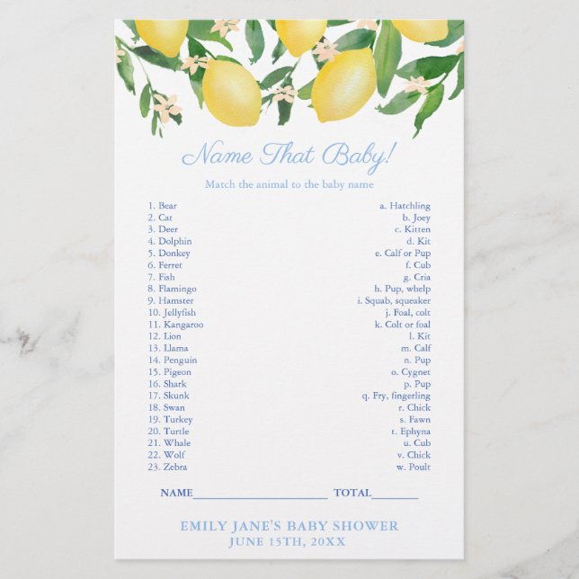 Lemons Shower Name That Baby Animal Game Card Flyer (Front)