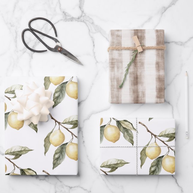 Lemons Sicily Rustic Brown Stripes Birthday Wrapping Paper Sheets (Front)