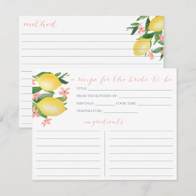 Lemons Soft Pink Text Flowers Shower Recipe Card (Front/Back)