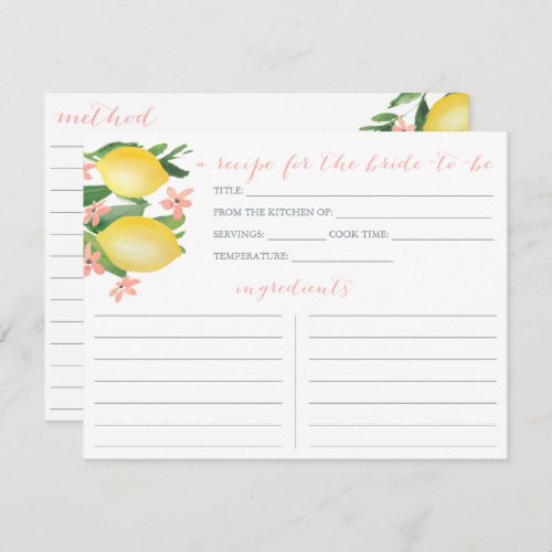 Lemons Soft Pink Text Flowers Shower Recipe Card