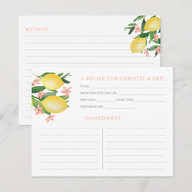 Lemons Soft Pink Text Flowers Shower Recipe Card (Front/Back)