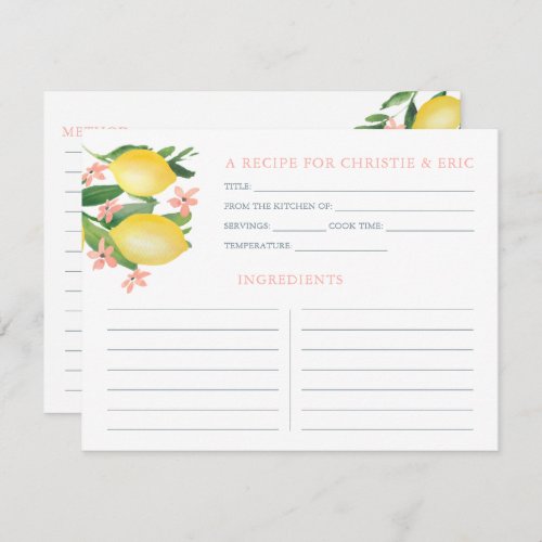 Lemons Soft Pink Text Flowers Shower Recipe Card