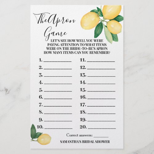 Lemons The Apron Bridal Shower Game Card Flyer