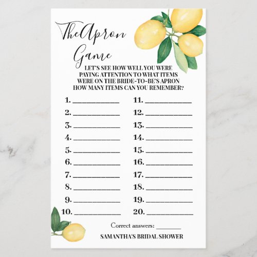 Lemons The Apron Bridal Shower Game Card Flyer