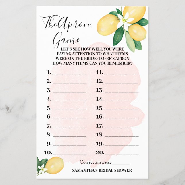 Lemons The Apron Pink Bridal Shower Game Card Flyer (Front)