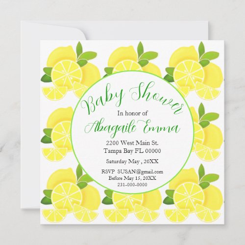 Lemons tropical yellow citrus Baby Shower  Invitation