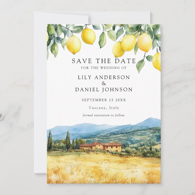Lemons Tuscan Scene Italian Wedding Save The Date (Front)