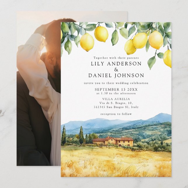 Lemons Tuscan Scene Italy Photo Wedding Invitation (Front/Back)