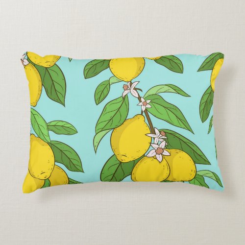Lemons Vibrant Blue Background Seamless Accent Pillow