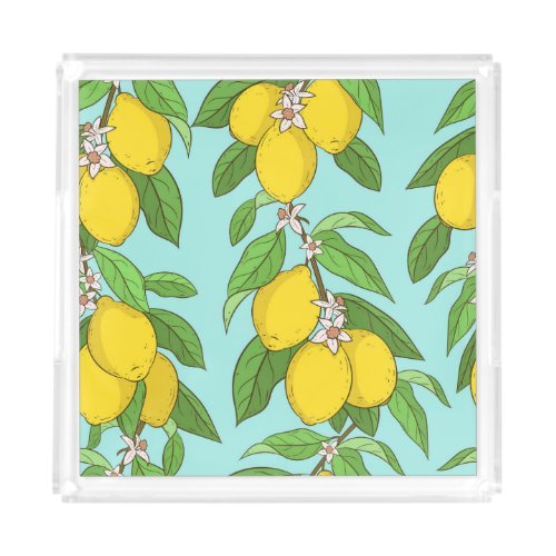 Lemons Vibrant Blue Background Seamless Acrylic Tray