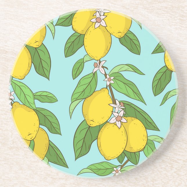 Lemons, Vibrant Blue Background Seamless. Coaster (Front)