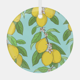 Lemons, Vibrant Blue Background Seamless. Glass Ornament