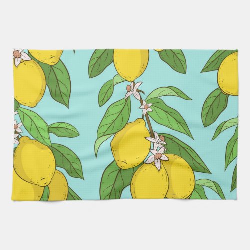 Lemons Vibrant Blue Background Seamless Kitchen Towel